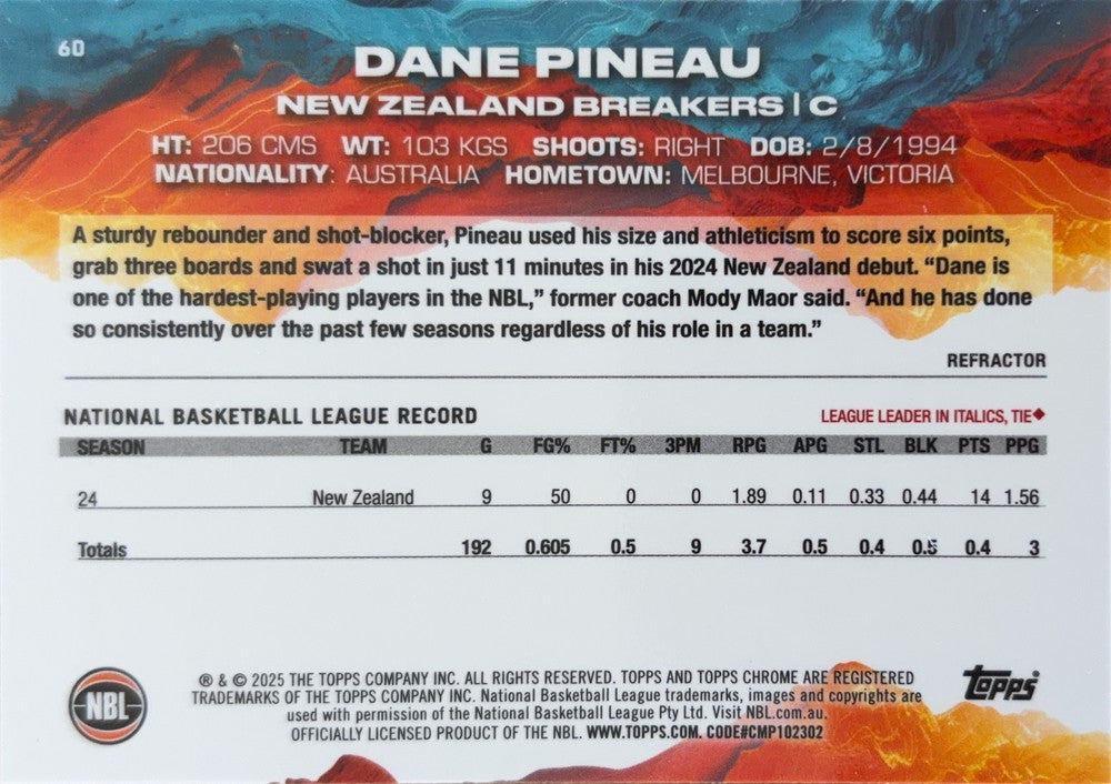 Dane Pineau #60 New Zealand Breakers | 2024-25 Topps Chrome NBL (back)