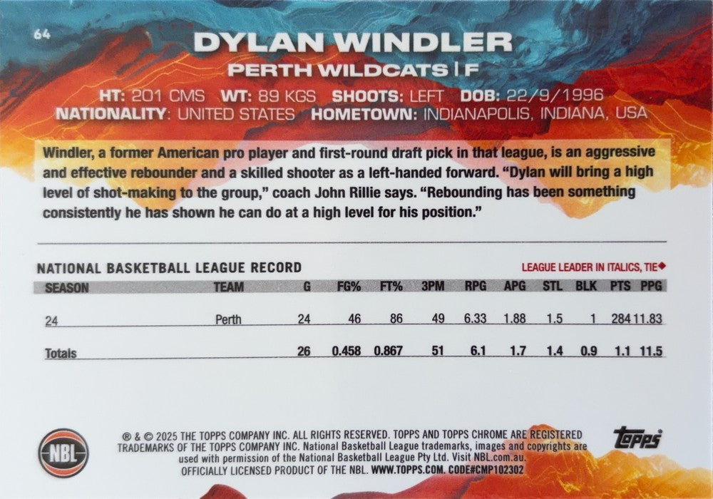 Dylan Windler #64 Perth Wildcats | 2024-25 Topps Chrome NBL (back)