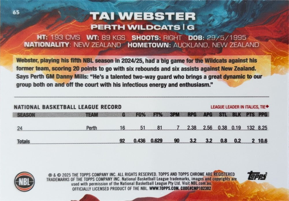 Tai Webster #65 Perth Wildcats | 2024-25 Topps Chrome NBL (back)