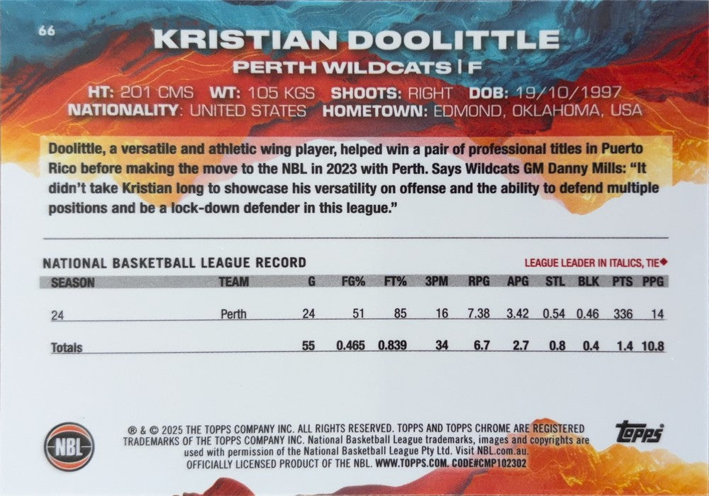 Kristian Doolittle #66 Perth Wildcats | 2024-25 Topps Chrome NBL (back)