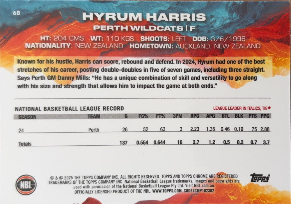 Hyrum Harris #68 Perth Wildcats | 2024-25 Topps Chrome NBL (back)
