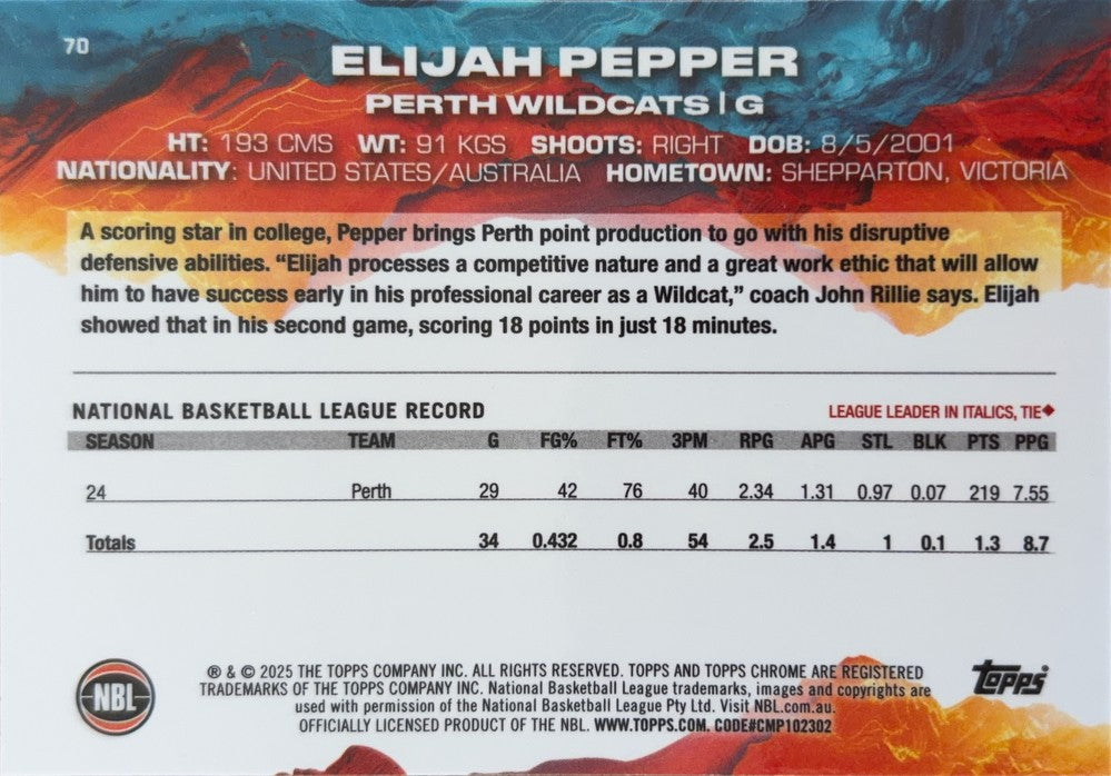 Elijah Pepper #70 Perth Wildcats | 2024-25 Topps Chrome NBL (back)