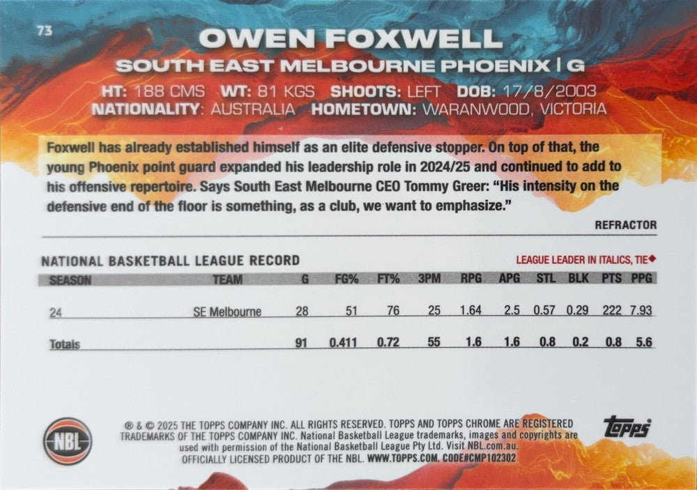 Owen Foxwell #73 S.E. Melbourne Phoenix | 2024-25 Topps Chrome NBL (back)