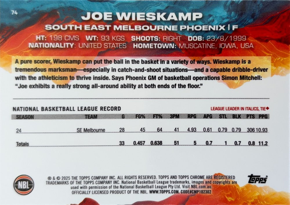 Joe Wieskamp #74 S.E. Melbourne Phoenix | 2024-25 Topps Chrome NBL (back)