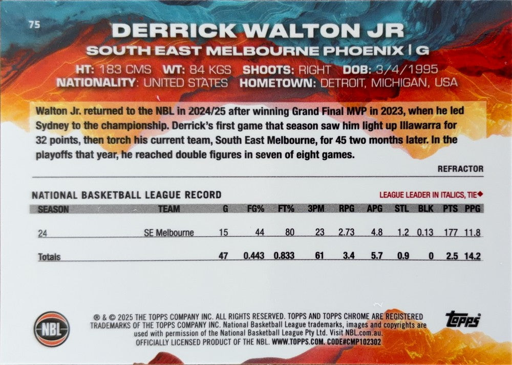 Derrick Walton Jr. #75 S.E. Melbourne Phoenix | 2024-25 Topps Chrome NBL (back)