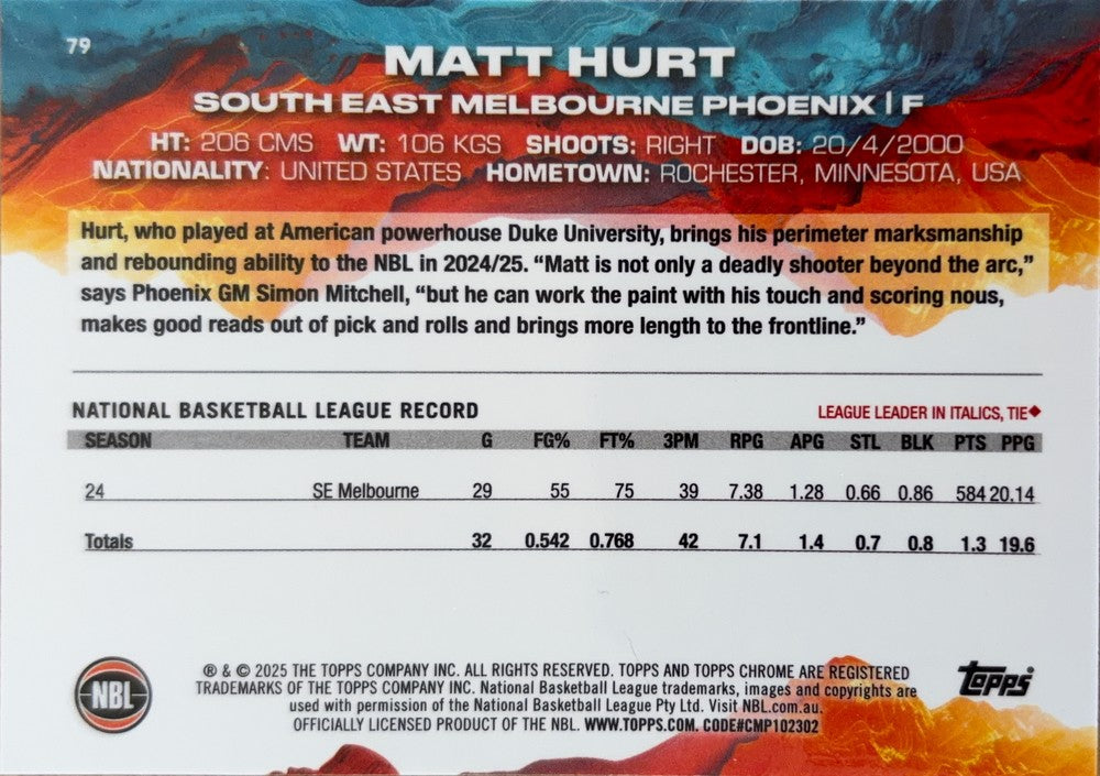 Matt Hurt #79 S.E. Melbourne Phoenix | 2024-25 Topps Chrome NBL (back)