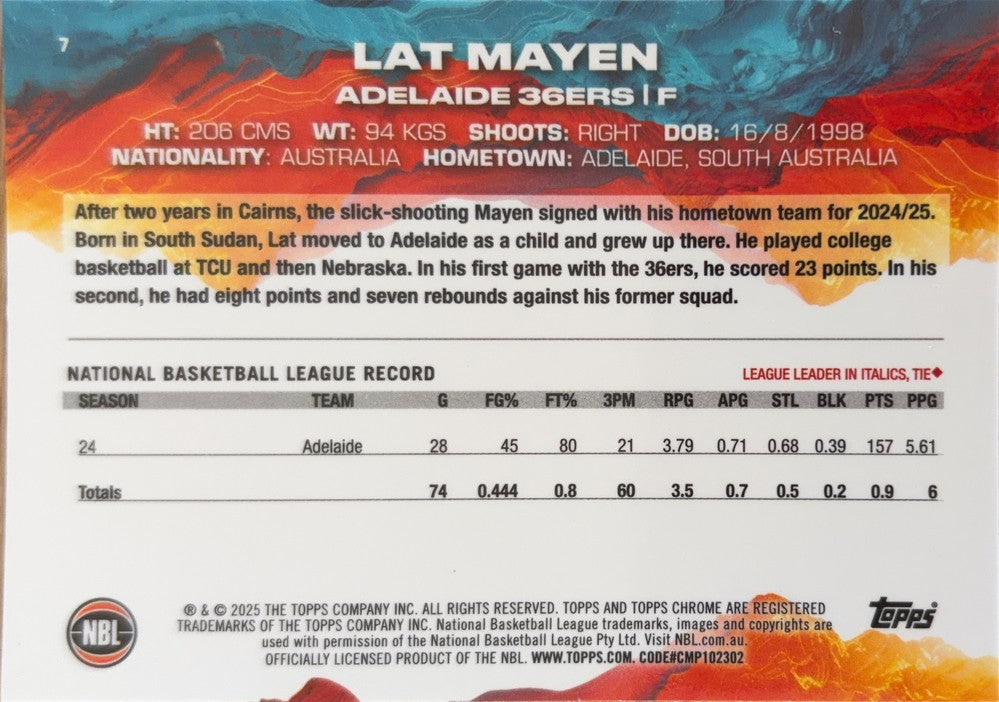 Lat Mayen #7 Adelaide 36ers | 2024-25 Topps Chrome NBL (back)