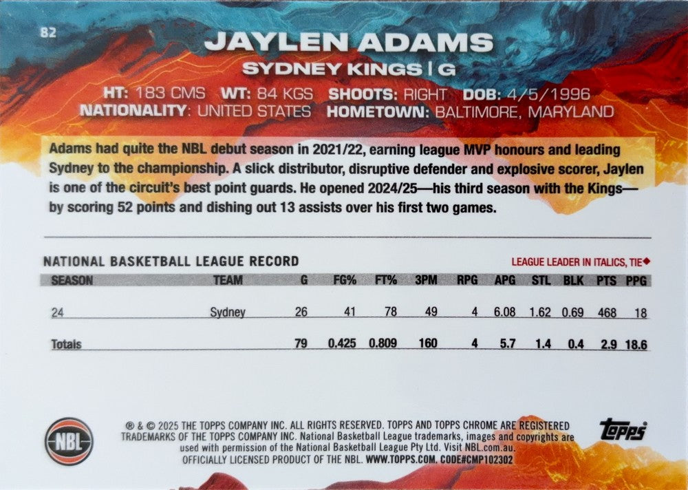 Jaylen Adams #82 Sydney Kings | 2024-25 Topps Chrome NBL (back)