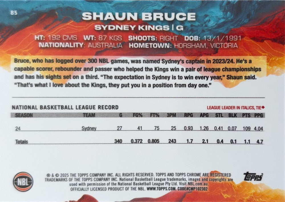 Shaun Bruce #85 Sydney Kings | 2024-25 Topps Chrome NBL (back)