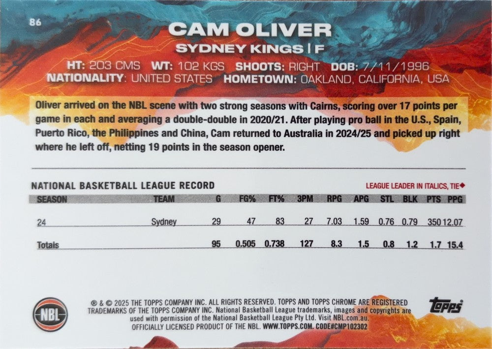 Cameron Oliver #86 Sydney Kings | 2024-25 Topps Chrome NBL (back)