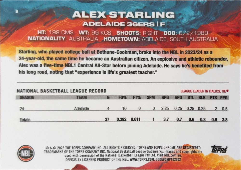 Alex Starling #8 Adelaide 36ers | 2024-25 Topps Chrome NBL (back)