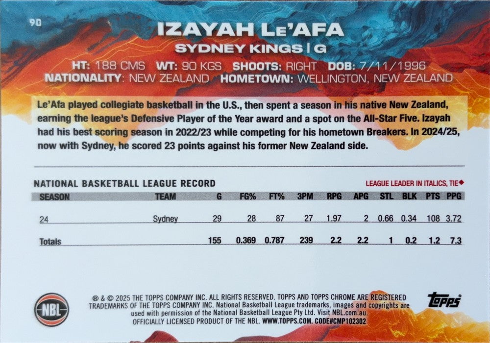 Izayah Le'Afa #90 Sydney Kings | 2024-25 Topps Chrome NBL (back)