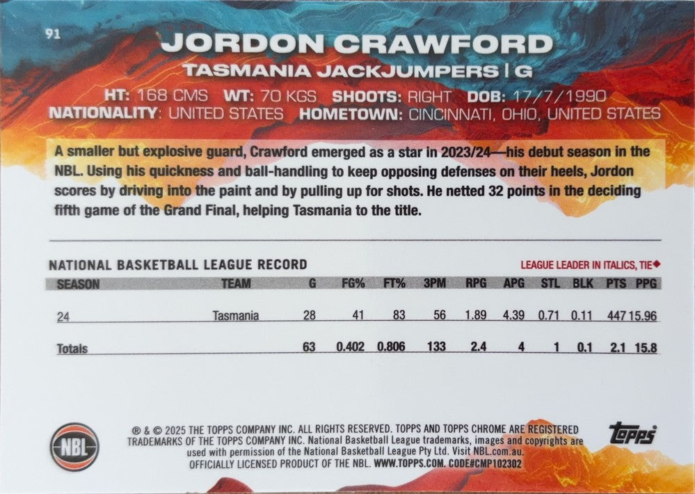 Jordon Crawford #91 Tasmania JackJumpers | 2024-25 Topps Chrome NBL (back)