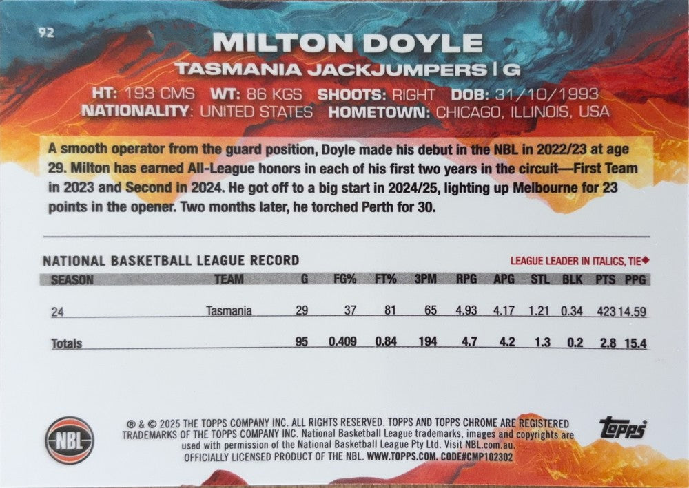 Milton Doyle #92 Tasmania JackJumpers | 2024-25 Topps Chrome NBL (back)