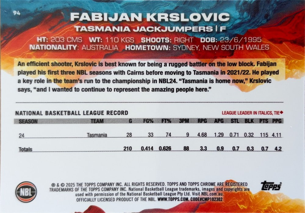 Fabijan Krslovic #94 Tasmania JackJumpers | 2024-25 Topps Chrome NBL (back)