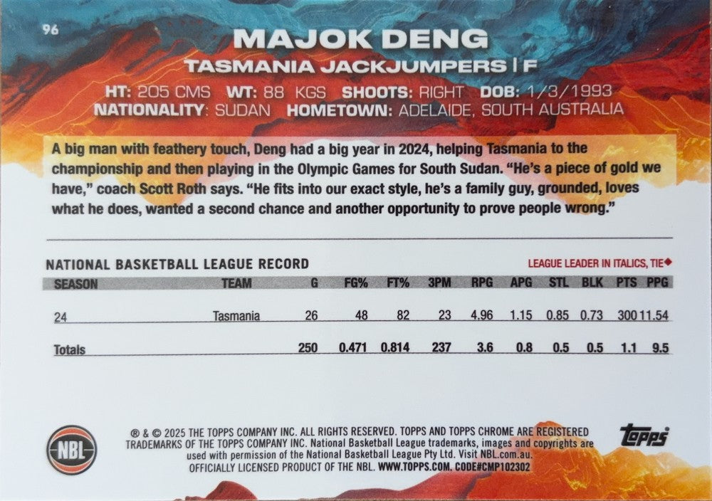 Majok Deng #96 Tasmania JackJumpers | 2024-25 Topps Chrome NBL (back)
