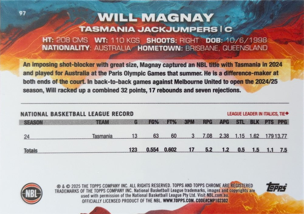 Will Magnay #97 Tasmania JackJumpers | 2024-25 Topps Chrome NBL (back)