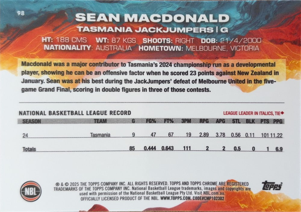 Sean MacDonald #98 Tasmania JackJumpers | 2024-25 Topps Chrome NBL (back)