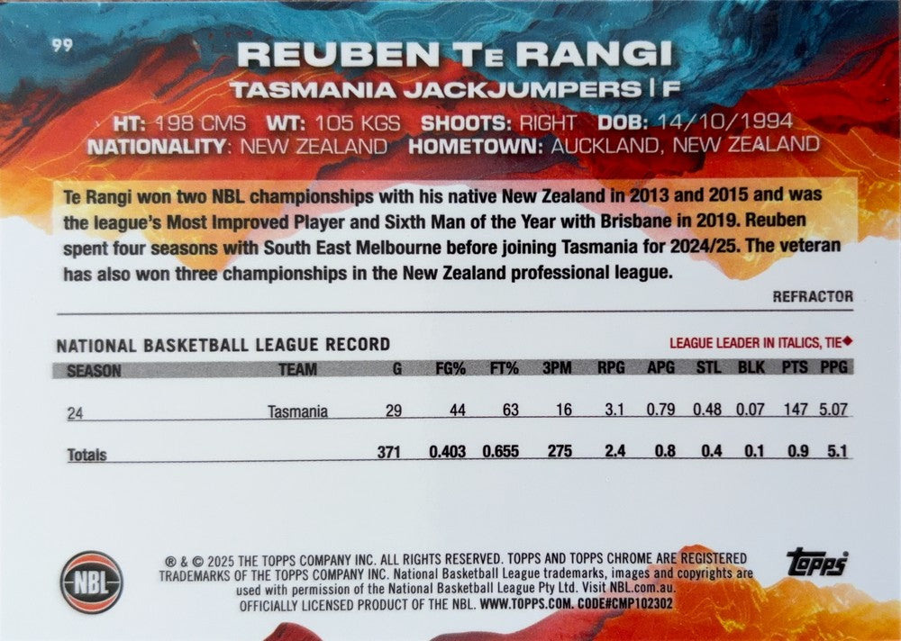 Reuben Te Rangi #99 Tasmania JackJumpers | 2024-25 Topps Chrome NBL (back)
