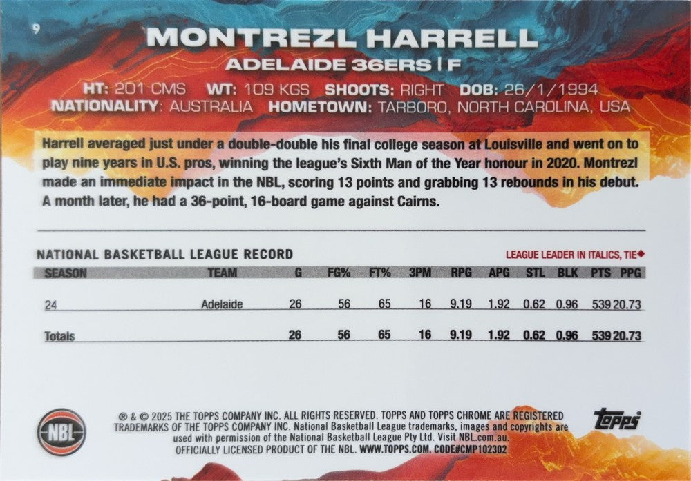 Montrezl Harrell #9 Adelaide 36ers | 2024-25 Topps Chrome NBL (back)