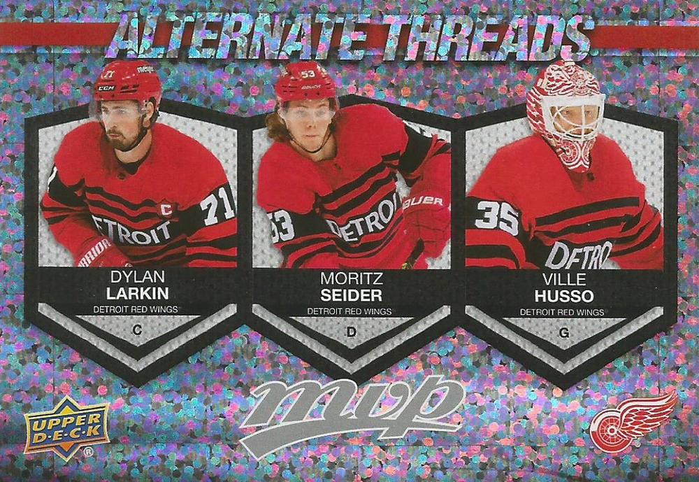 Dylan Larkin / Moritz Seider / Ville Husso #AT-16 Detroit Red Wings | 2023-24 Upper Deck MVP Alternate Threads