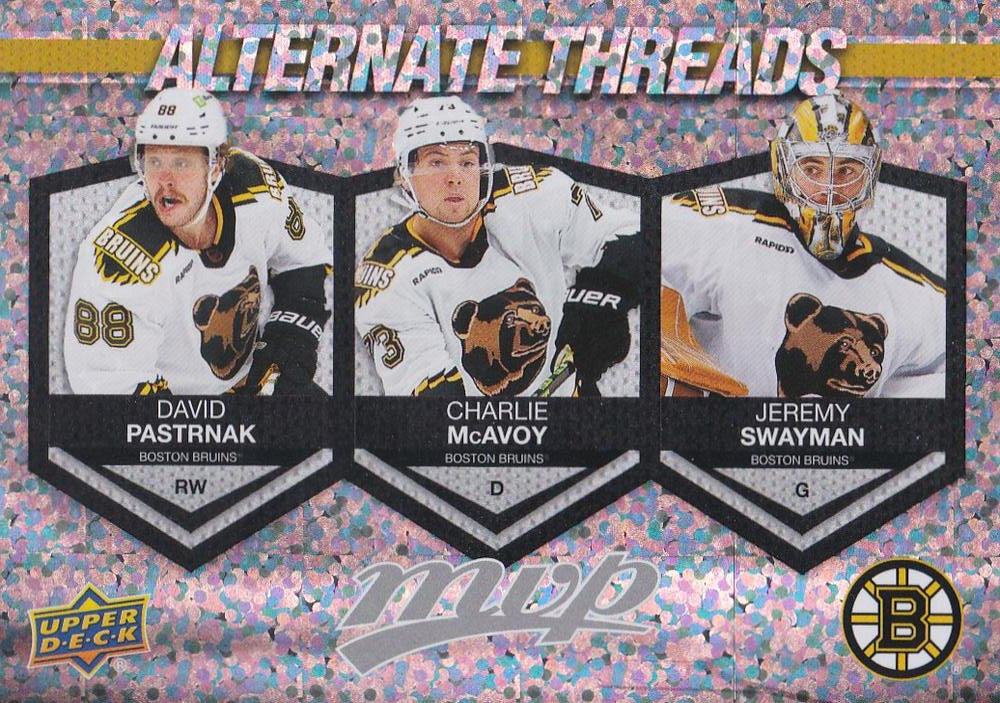 David Pastrnak / Charlie McAvoy / Jeremy Swayman #AT-17 Boston Bruins | 2023-24 Upper Deck MVP Alternate Threads