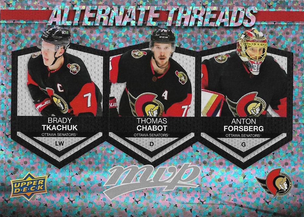 Thomas Chabot / Anton Forsberg / Brady Tkachuk #AT-19 Ottawa Senators | 2023-24 Upper Deck MVP Alternate Threads