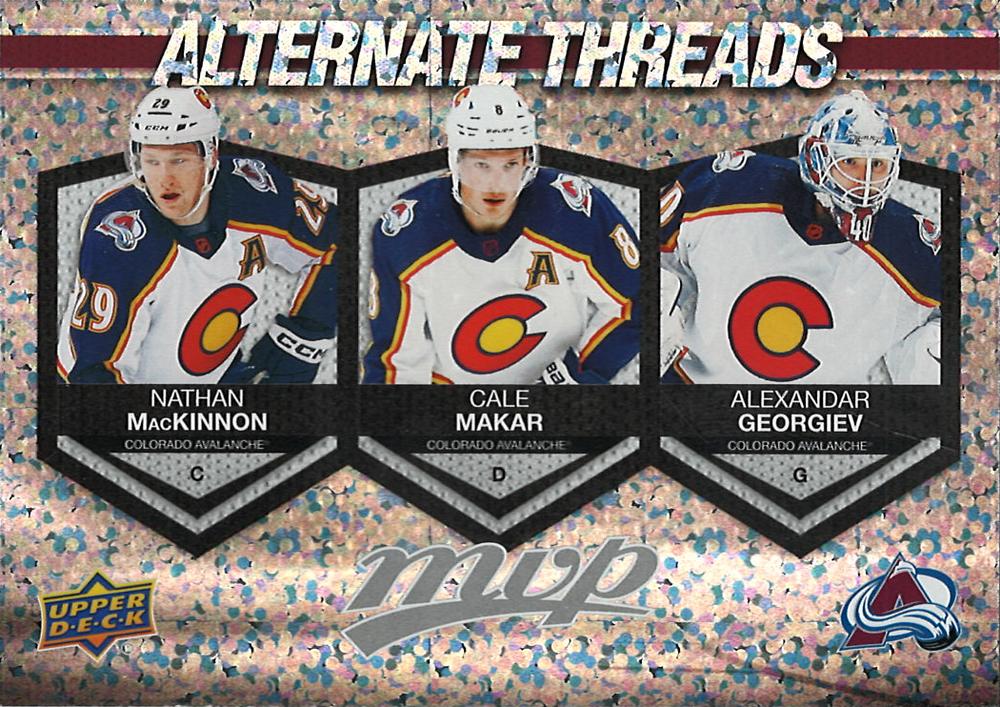 Nathan MacKinnon / Cale Makar / Alexandar Georgiev #AT-1 Colorado Avalanche | 2023-24 Upper Deck MVP Alternate Threads