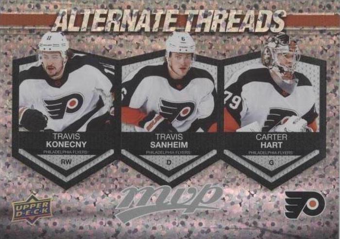 Travis Konecny / Travis Sanheim / Carter Hart #AT-6 Philadelphia Flyers | 2023-24 Upper Deck MVP Alternate Threads