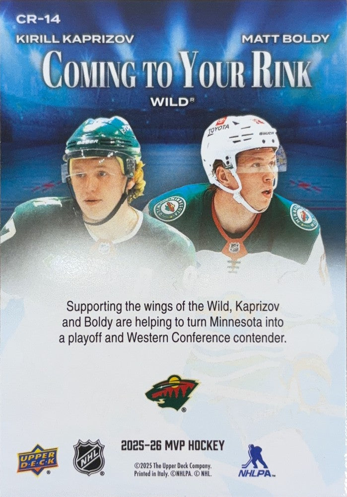 Kirill Kaprizov / Matt Boldy #CR-14 | 2025-26 Upper Deck MVP Coming to Your Rink (back)