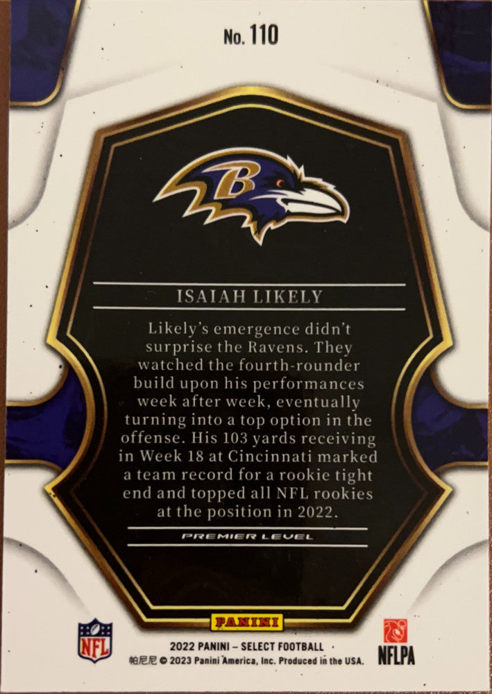 Isaiah Likely #110 Baltimore Ravens | 2022 Panini Select (back, showing factory print defect)