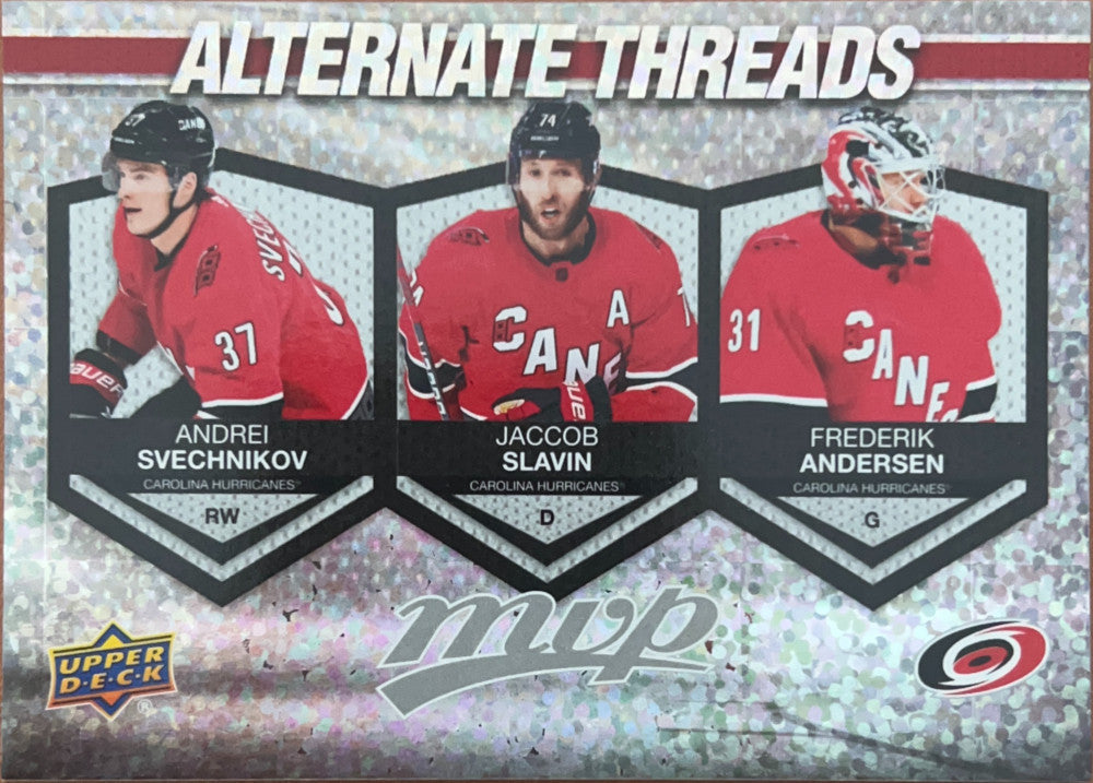 Andrei Svechnikov / Jaccob Slavin / Frederik Andersen #AT-13 | 2023-24 Upper Deck MVP Alternate Threads (front)