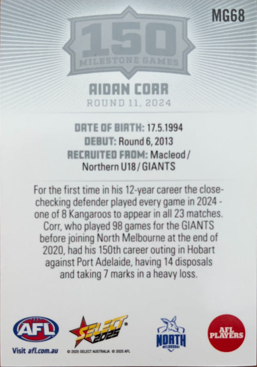 Aidan Corr #MG68 | 2025 Select AFL Footy Stars Milestone Games (back)