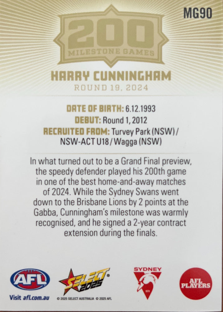Harry Cunningham #MG90 | 2025 Select AFL Footy Stars Milestone Games (back)