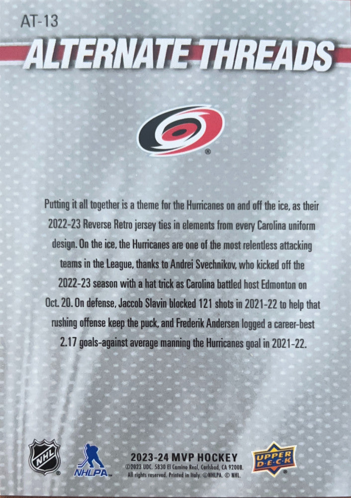 Andrei Svechnikov / Jaccob Slavin / Frederik Andersen #AT-13 | 2023-24 Upper Deck MVP Alternate Threads (back)
