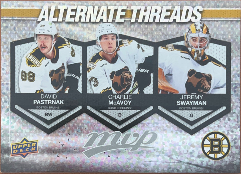 David Pastrnak / Charlie McAvoy / Jeremy Swayman #AT-17 | 2023-24 Upper Deck MVP Alternate Threads (front)