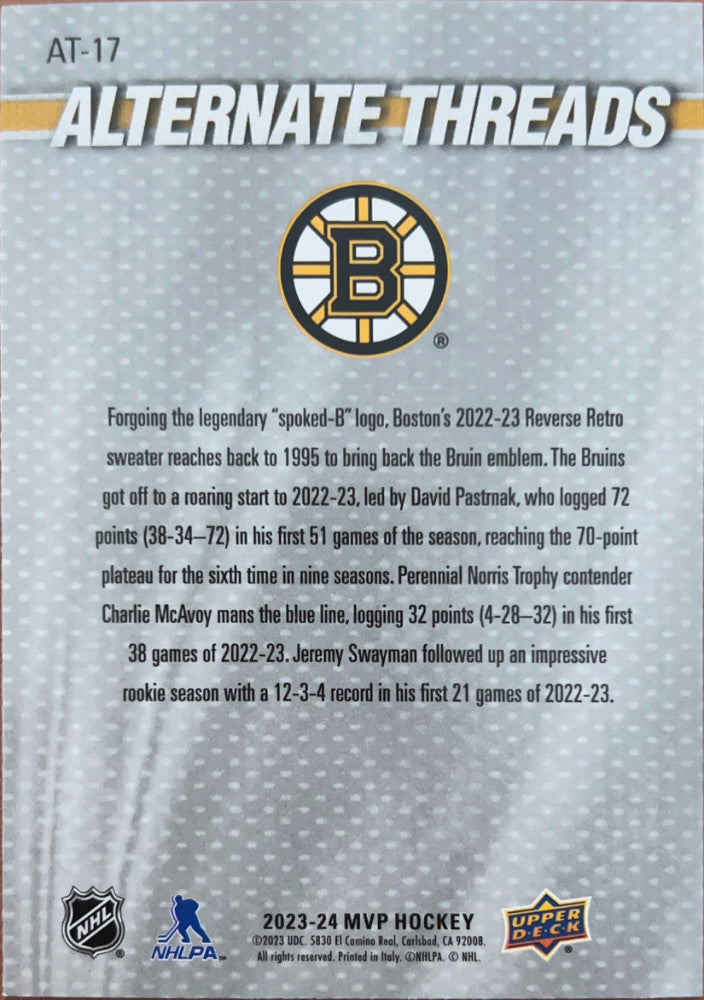 David Pastrnak / Charlie McAvoy / Jeremy Swayman #AT-17 | 2023-24 Upper Deck MVP Alternate Threads (back)