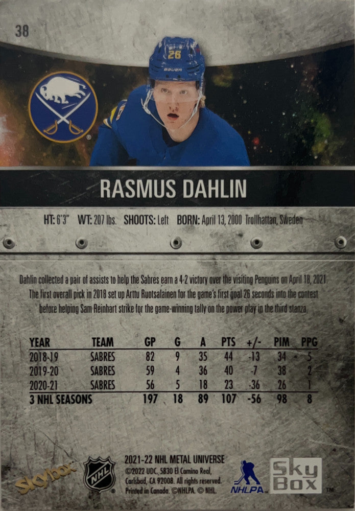 Rasmus Dahlin #38 Buffalo Sabres 2021-22 SkyBox Metal Universe - back