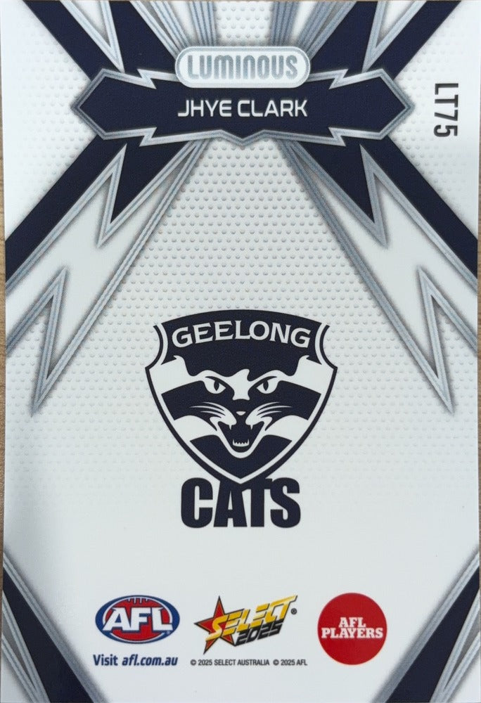 Jhye Clark #LT75 Geelong Cats | 2025 Select AFL Footy Stars Luminous Thunderbolt (back)