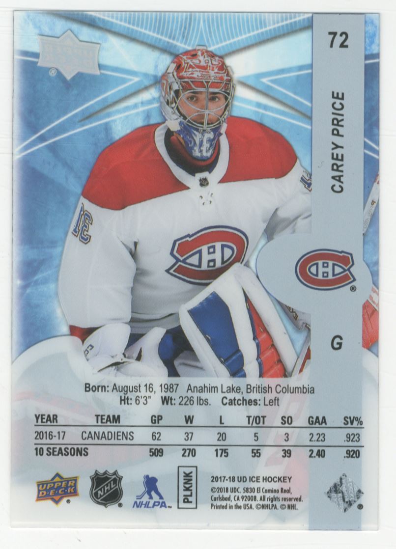 Carey Price #72 Montreal Canadiens | 2017-18 Upper Deck Ice