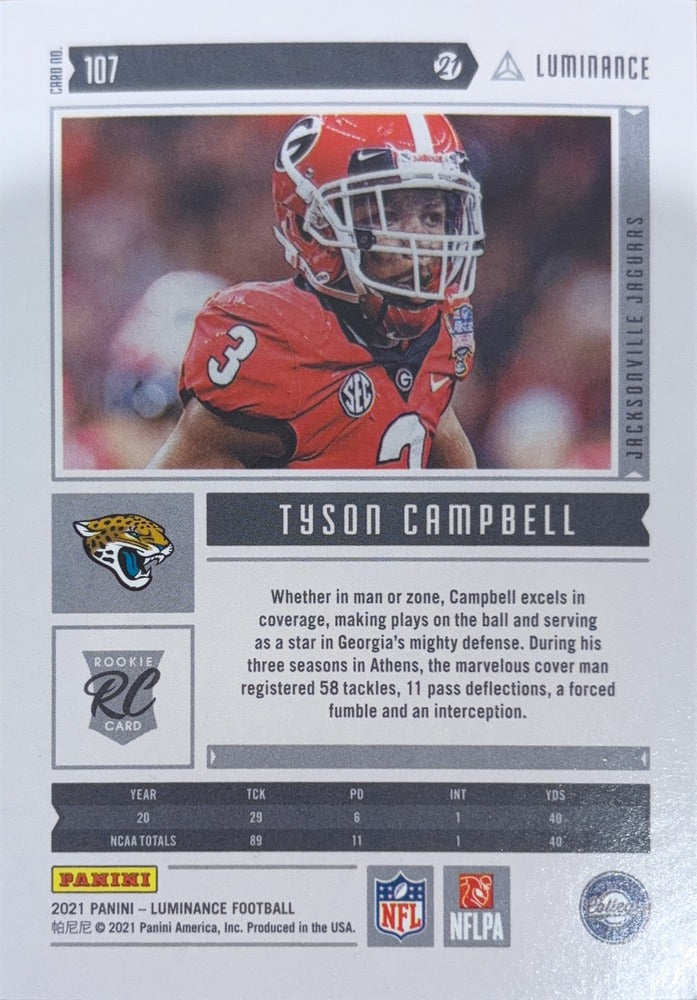 Tyson Campbell #107 Rookie | 2021 Panini Luminance | NFL Football (back)