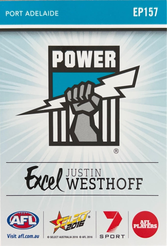 Justin Westhoff #EP157 Port Adelaide Power | 2016 Select Footy Stars Excel (back)