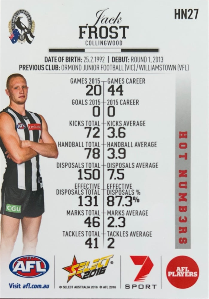 Jack Frost #HN27 Collingwood Magpies | 2016 Select Footy Stars Hot Numbers (back)