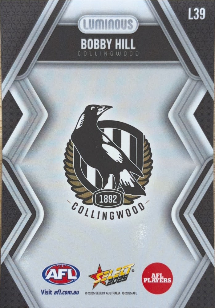 Bobby Hill #L39 Collingwood Magpies | 2025 Select AFL Footy Stars Luminous (back)