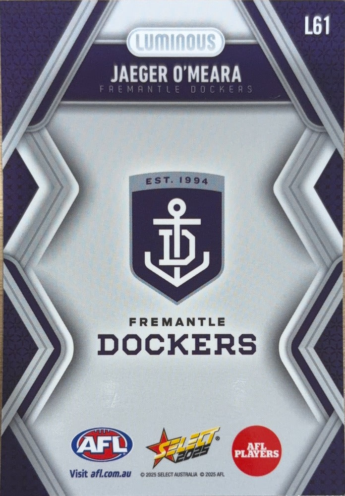 Jaeger O'Meara #L61 Fremantle Dockers | 2025 Select AFL Footy Stars Luminous (back)