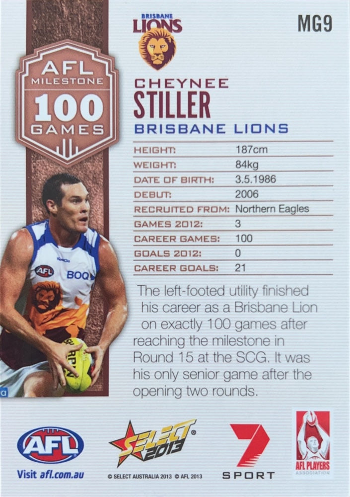 Cheynee Stiller #MG9 | 2013 Select AFL Champions Milestone Game Foils (back)