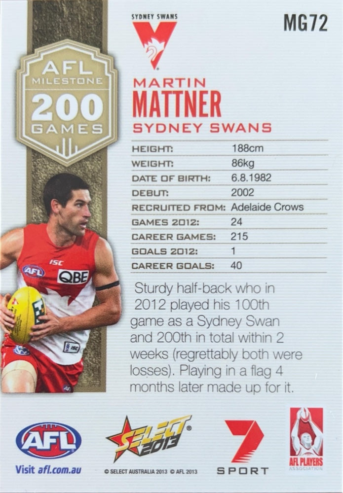 Martin Mattner #MG72 | 2013 Select AFL Champions Milestone Game Foils (back)