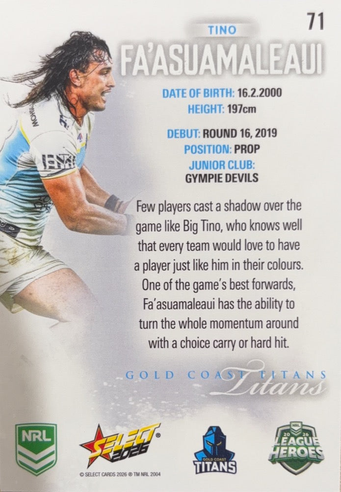 Tino Fa'asuamaleaui #71 Gold Coast Titans | 2026 Select NRL League Heroes (back)