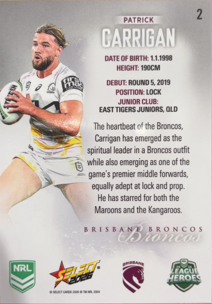 Patrick Carrigan #2 Brisbane Broncos | 2026 Select NRL League Heroes Silver (back)