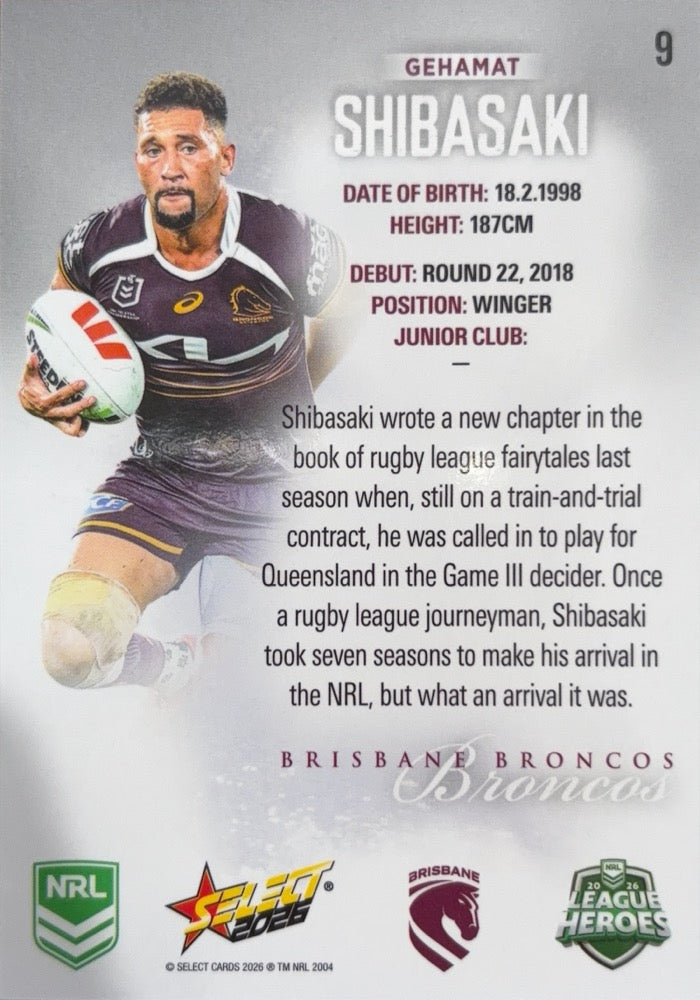 Gehamat Shibasaki #9 Brisbane Broncos | 2026 Select NRL League Heroes Silver (back)